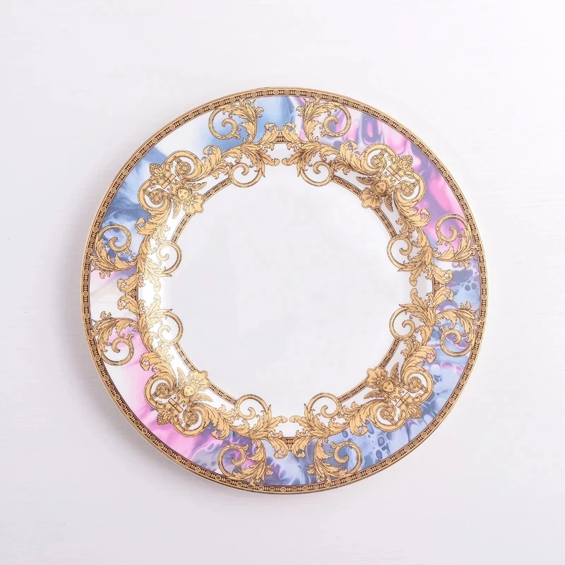 Western Dinner Plate 10inch And 8inch Steak Flat Tray Bone China Dinnerware Set Golden Edge Luxurious Tableware