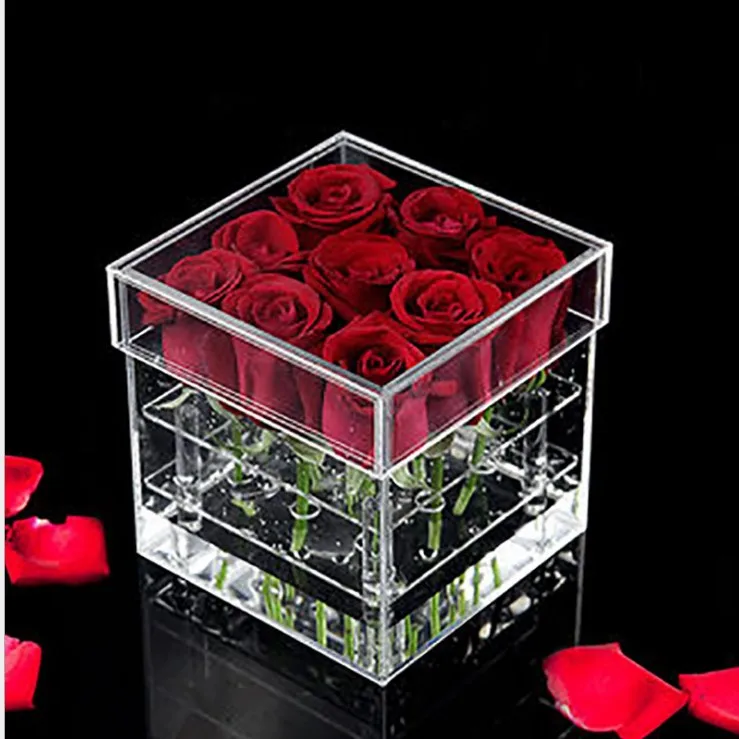 High Quality Wholesale Square Transparent Waterproof Packaging Boxes 9 Holes Rose Clear Gift Custom Display Flower Box Acrylic