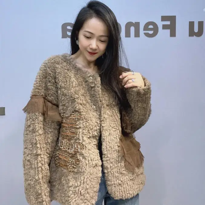 Lace Splicing Imitation Mink Fur Jacket for Women Crew Neck Fluffy Coat Female Winter New Loose Fur Integrated Jacket