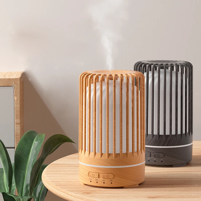 Home Mini USB Rechargeable Woodgrain Essential Oil Aroma Diffuser Water Fogger Ultrasonic Mist Air Humidifier With Warm Lamp
