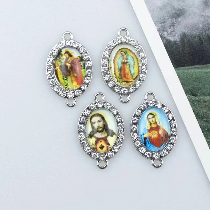 Oval White Diamond Catholic Virgin Plated Double Hanging connector charm medal