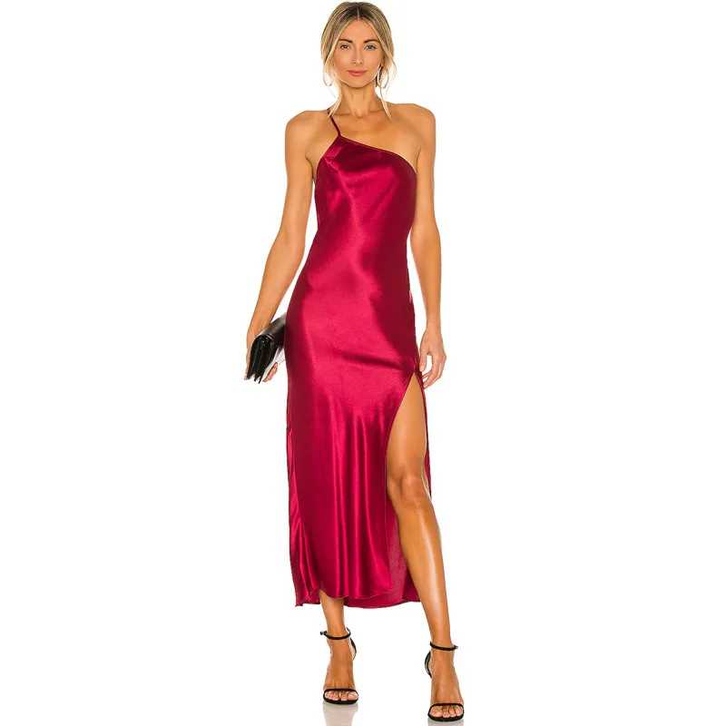 High Quality Slip Dress Silk Satin Maxi Dress With Straps Solid Color Women One Shoulder Dress