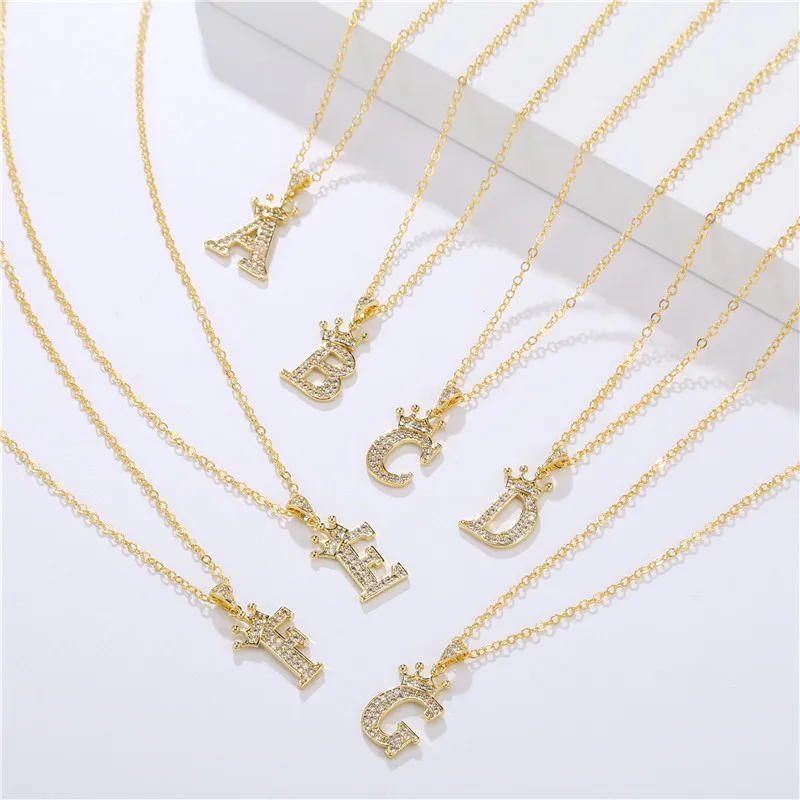 New Fashion Crown A-Z 26 Initial Letters Necklace Gold Crown Alphabet Pendant Initial Necklace For Men Women