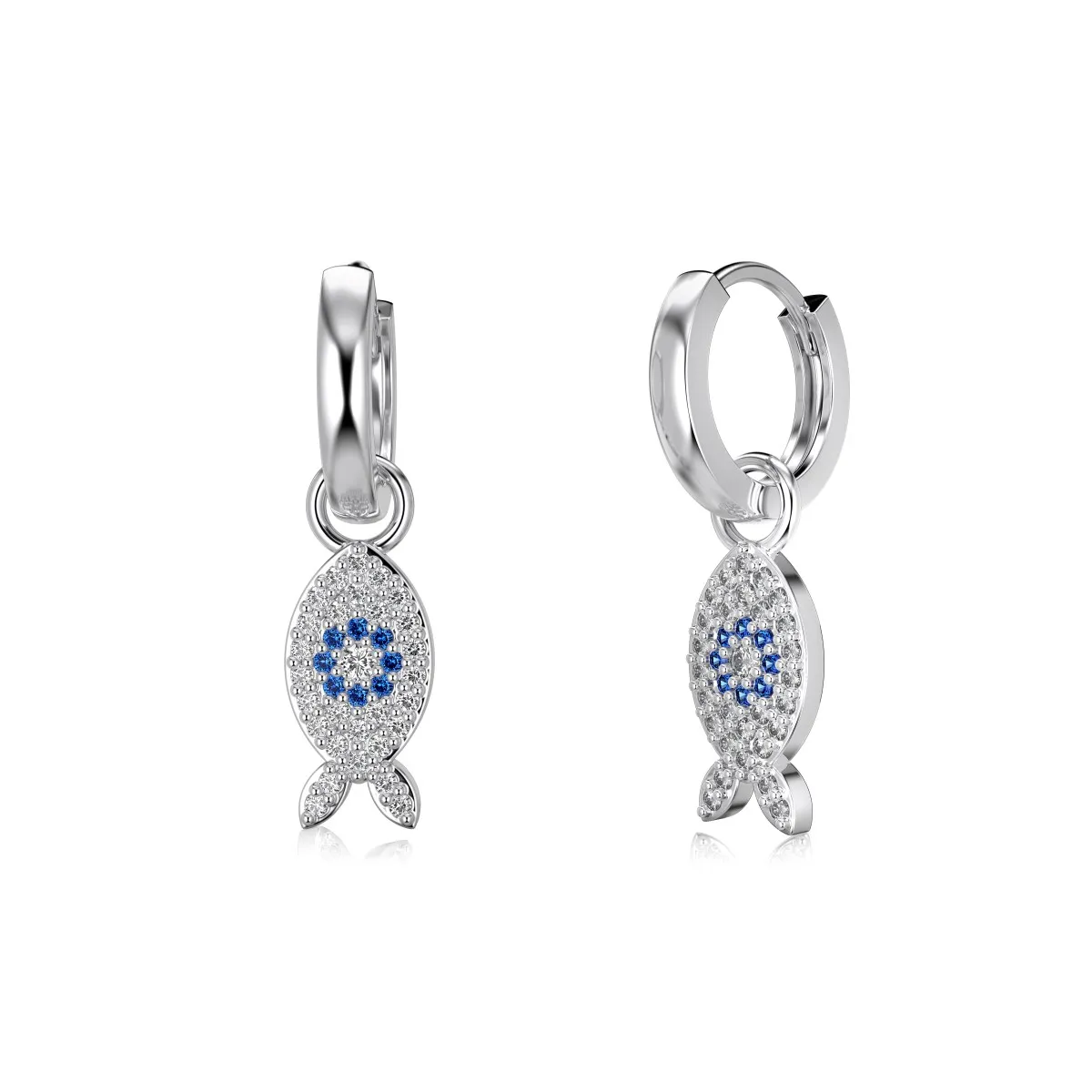 Dylam Turkish Sapphire Cz Cubic Zircon Stone Blue Eyes Fish Shape Dangle Earring 925 Sterling Silver Hoop Earrings For Women
