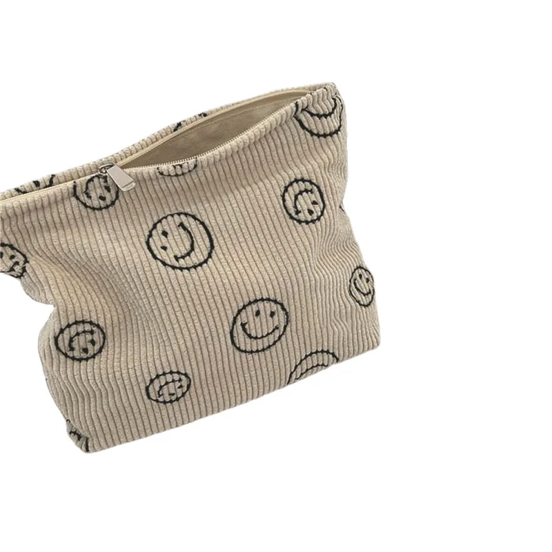 Autumn and Winter Vintage Corduroy Smiling Face Makeup Bag Lipstick Zero Money Bag Large Capacity Portable Storage Bag
