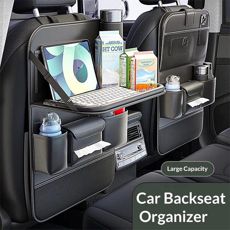 Anjuny PU Leather Multi Pocket Large Capacity Car Back Seat Storage Bag Car Organizer With Foldable Table Tray