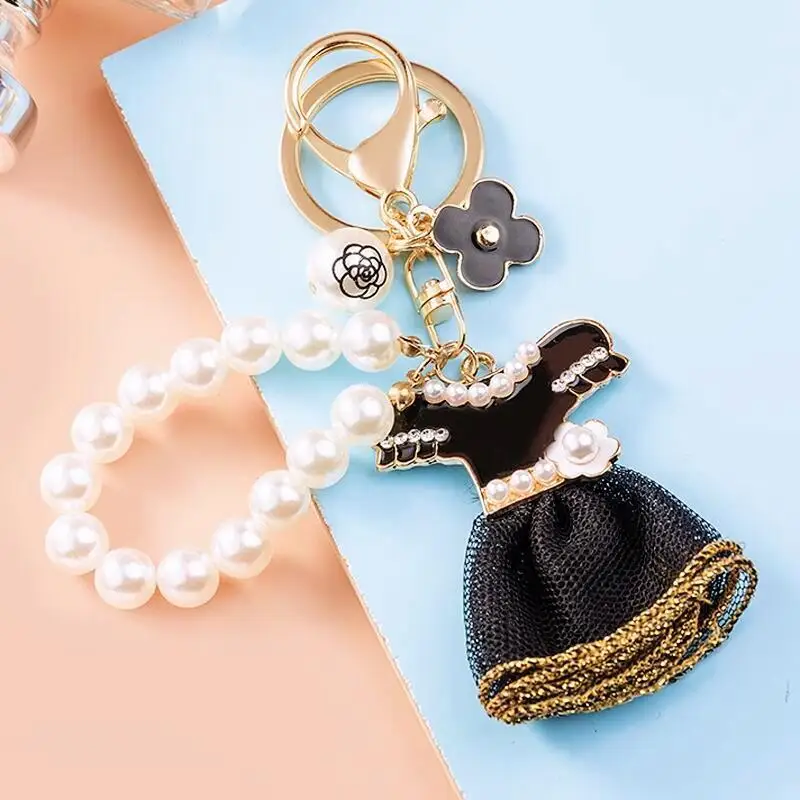 Cute Gift Black Skirt keychain Pearl Beads Wrist straps Dress key chains Ladies Bag Charm Pendant Pearl Key Rings Women Keychain