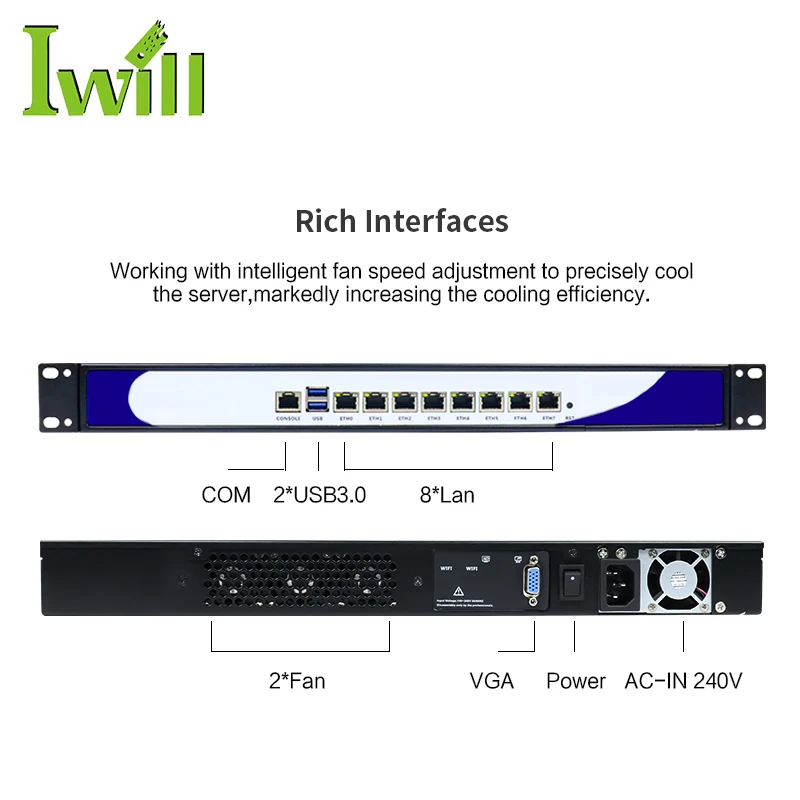 Core 6th i3-6100 i5-6200 i7-7500 CPU 1U Server Rack Mounting 8*i211-AT LAN Firewall Server Support Pfsense AES-NI