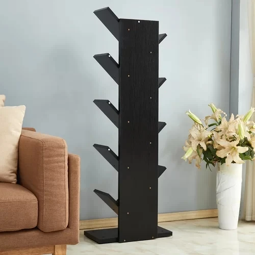 Wooden Display Storage Bevel Edge Bottom Board 9 Shelf Tree Bookcase for CDs & Books