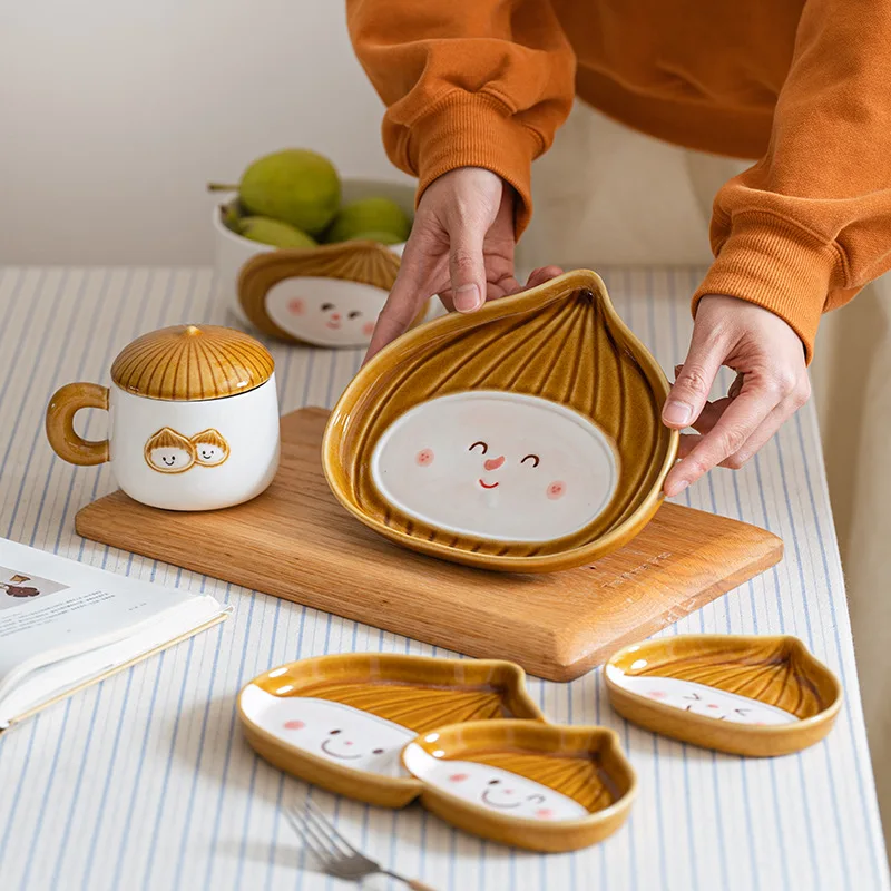 SYL Household Porcelain Cutlery Set Underglaze Kiln-Made Mug Cup Saucer Rice Bowl Salad Bowl Soup Bowl with Chestnut Dolls