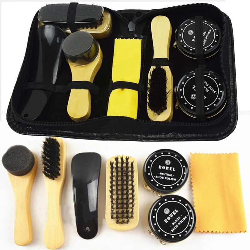 8 Pcs/Set Pro Shoes Care Kit Shoe Shine Box Bamboo Wooden  Cleaning Set Brush Shine Polishing Tool For Leather Shoes
