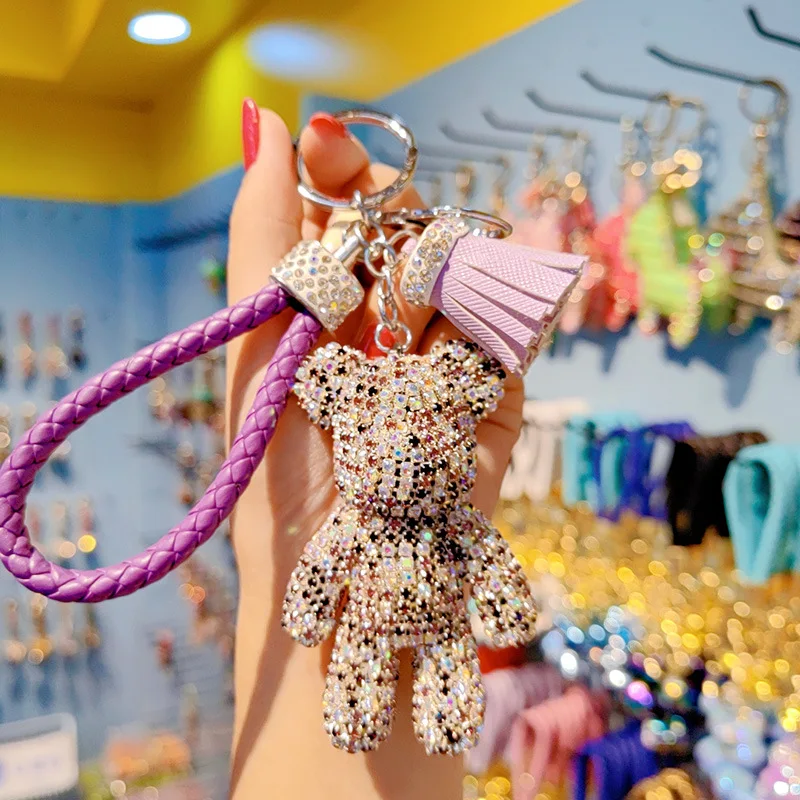 Kids Cute  Bear Key Chain Tassel Rope Lanyards Rhinestone  Car Bling Key Chains Crystal Rhinestone Bear Keychain