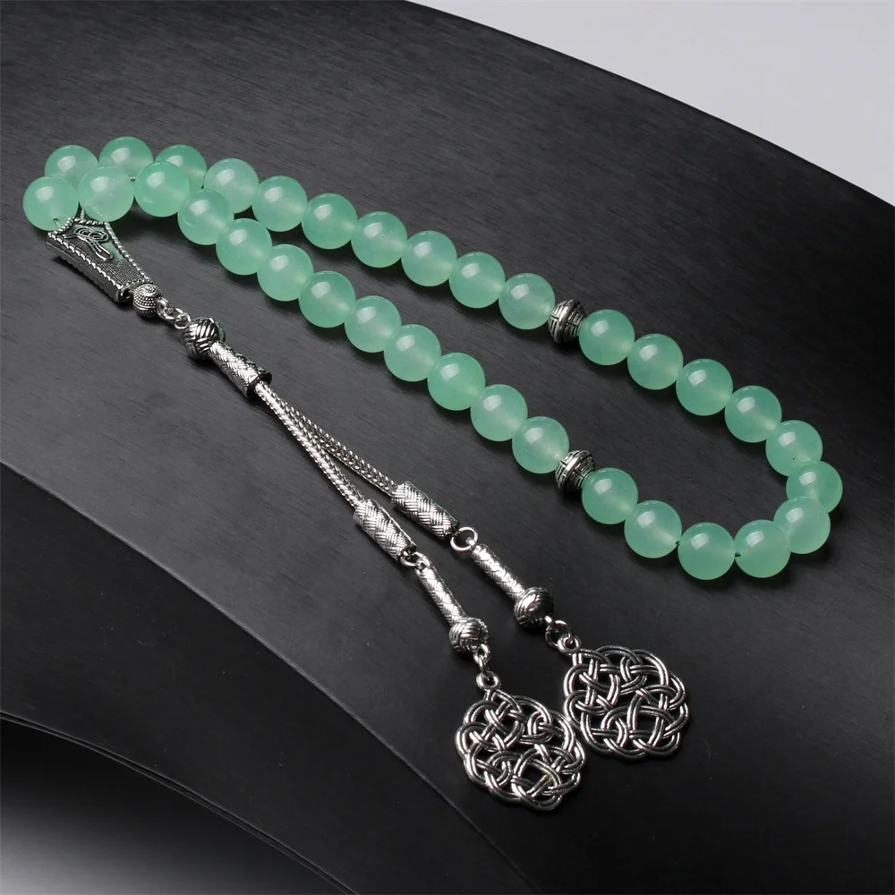 Stone Tasbih silver tassel green jade prayer beads 33 66 99beads muslim Rosary 8mm 10mm round tasbeeh misbaha subha