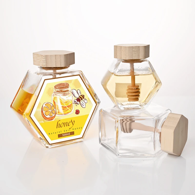 Wholesale 100ml 220ml 380ml Empty Honey bottles Clear Honeycomb hexagon bee shaped Glass Honey Jars with Lid Spoon and Dipper