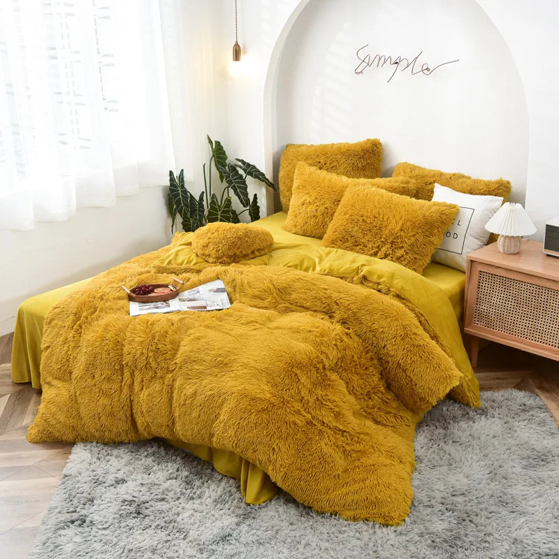 High Quality Eco-friendly Fluffy Faux Fur Shaggy Duvet Flannel Microfiber 4 PCS Duvet Bedding Set Bed Sheets Set Luxury