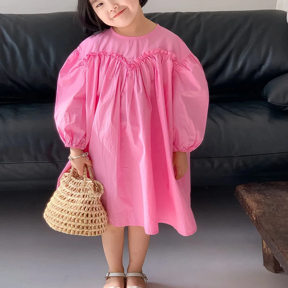 2024 Spring Puffy Cotton Children Girls Pink Birthday Dress For Kids