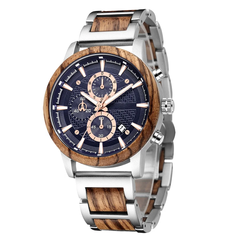 Dropshipping Popular Reloj Hombre Wristwatch Natural Zebra Walnut Rosewood Metal and Chronograph Wooden Quartz watch for Men