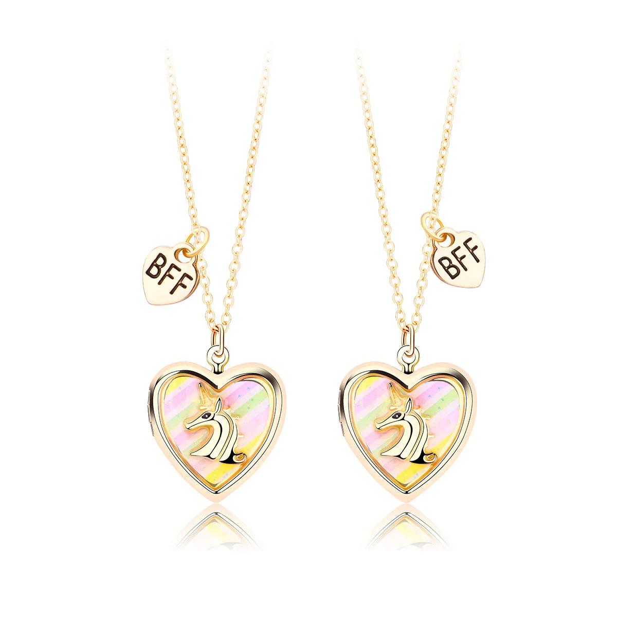2023 New Design Kids Best Friend Couple Necklace Cute Pastel Color Unicorn Heart Open Locket Photo Pendant BFF Necklaces For Kid