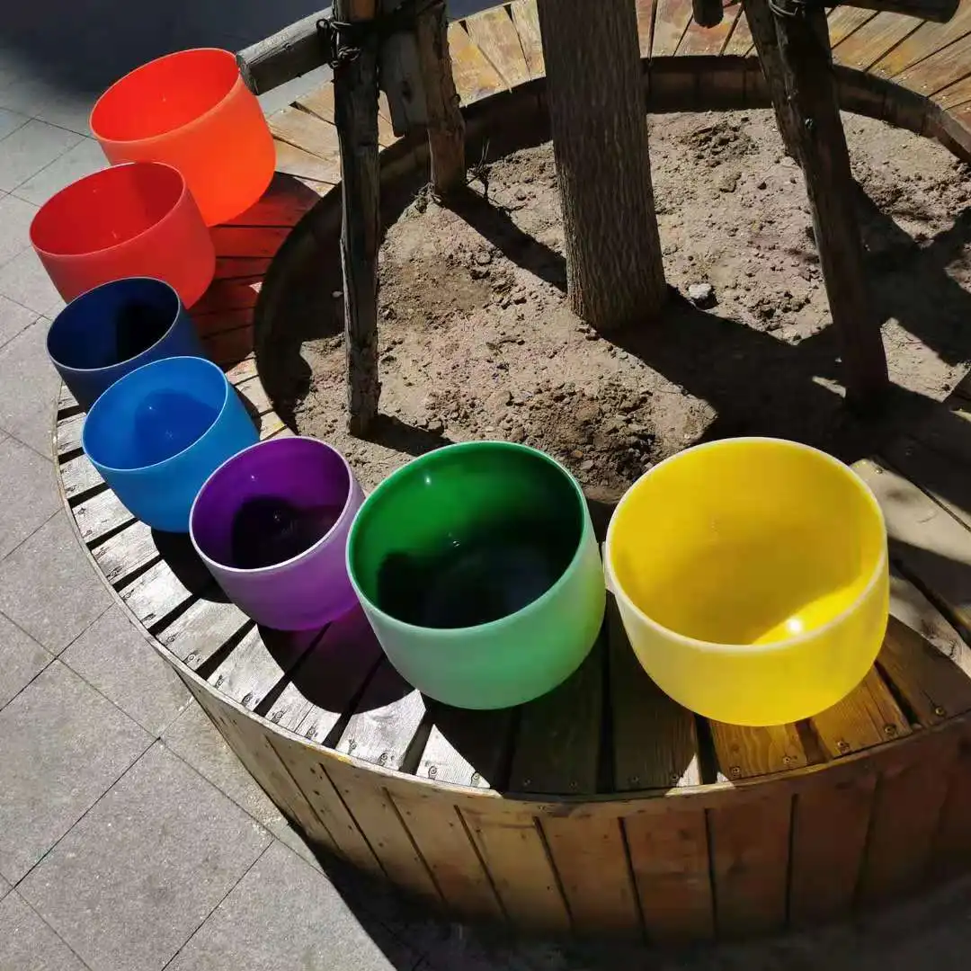 8-14 Inch 7Pcs Chakra Colored Frosted Quartz Crystal Singing Bowls Set Note CDEFGAB With 2PCS Free Bags For Meditation