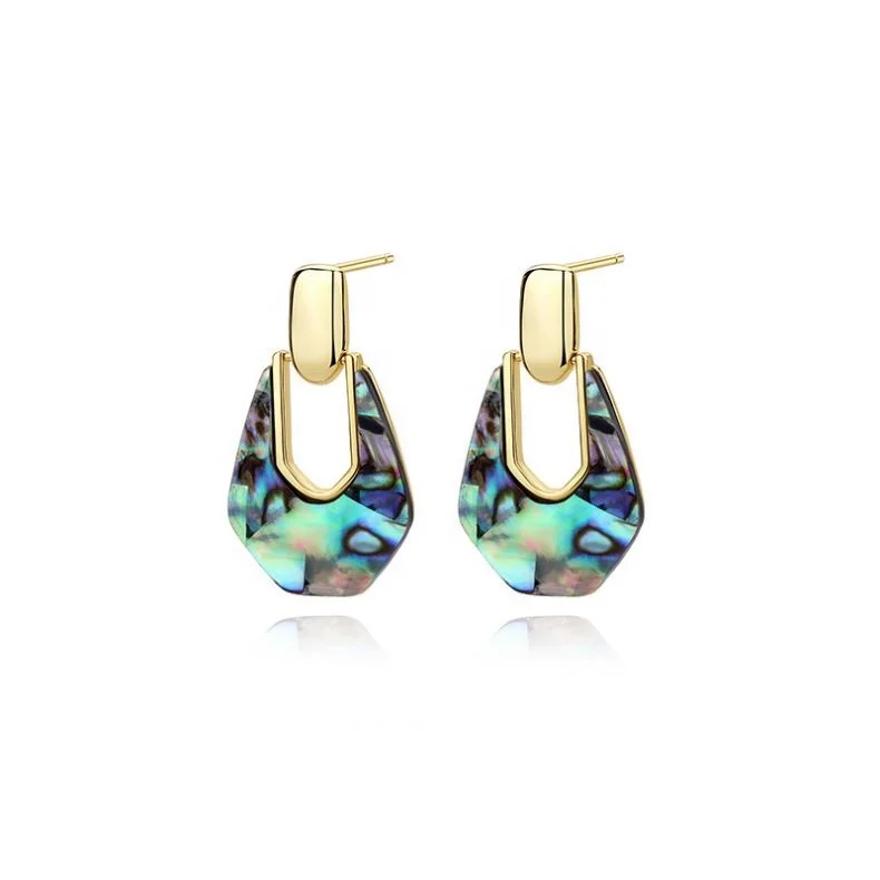 Finest Jewelry Gold Plated Sterling Silver Nature Paua Abalone Shell Statement Teardrop Earring