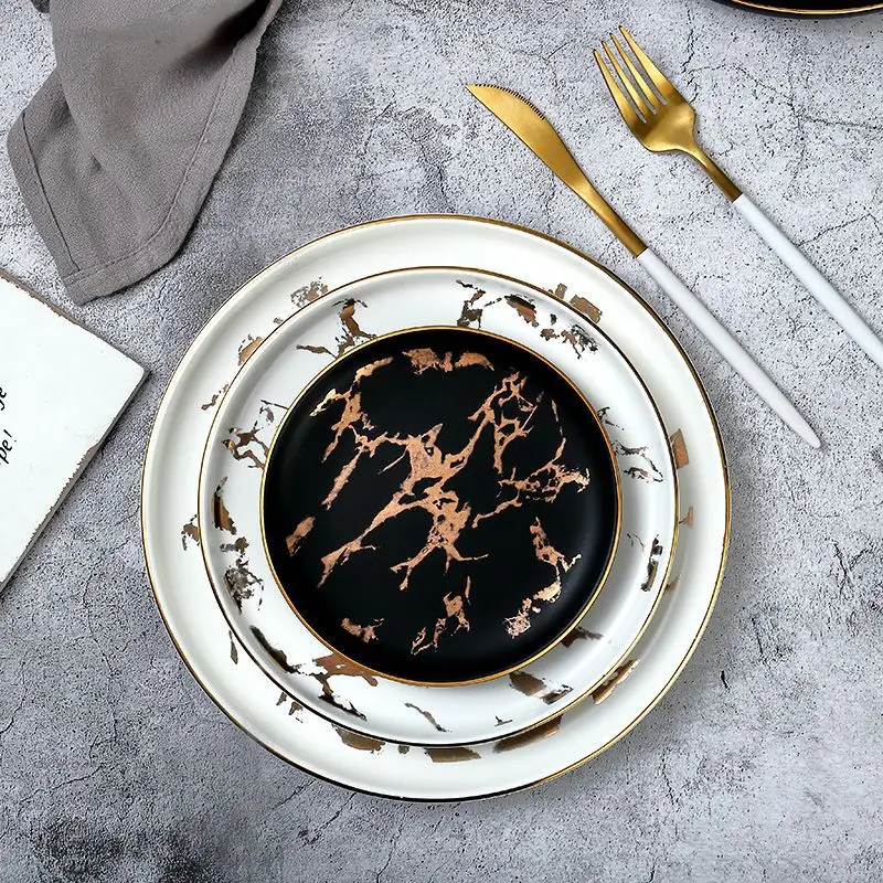 Wholesale Tableware Nordic Style Black Marble Design Dishes Round Ceramic Plates Sets Porcelain Dinnerware Flat Restaurant Plate