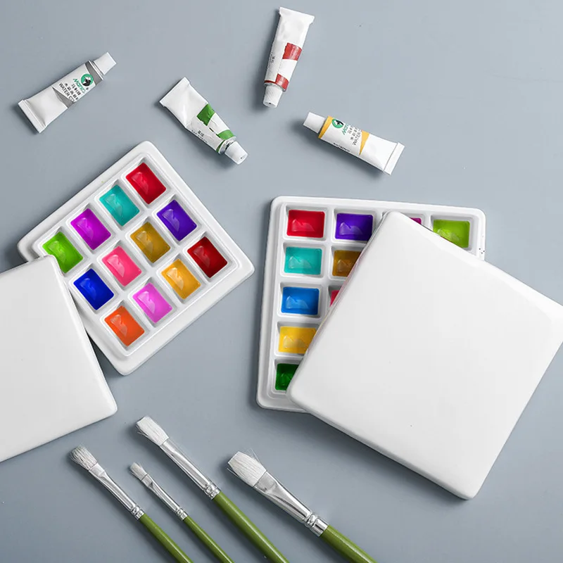 12Wells Ceramic Material Watercolor Paint Palette Porcelain Paint Mixing Palette With Lid For Watercolor Oil Painting