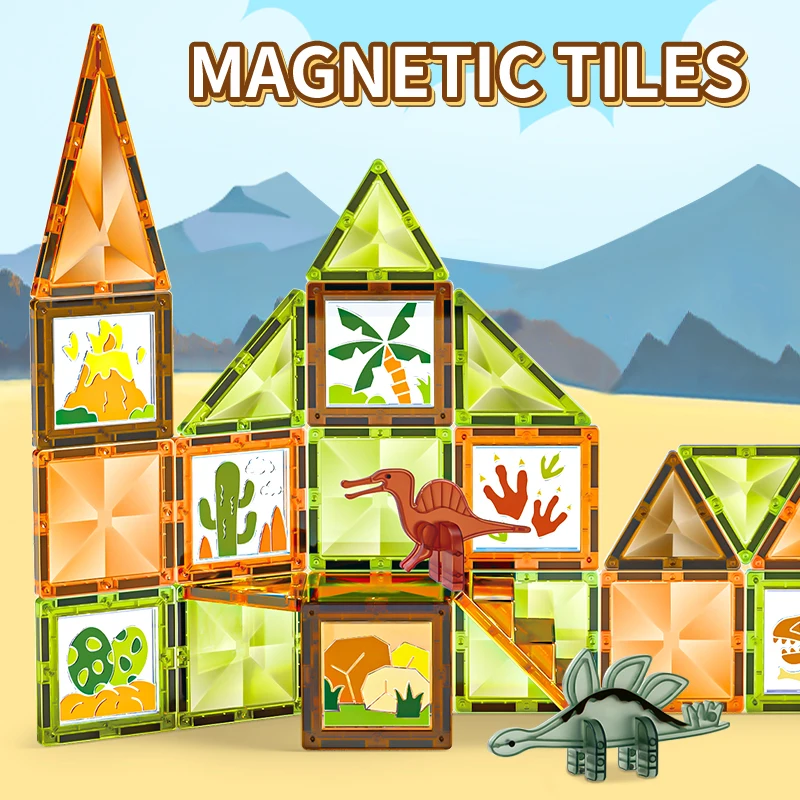 New Arrival STEM Magnet Tiles Plastic Dinosaur Magnetic Construction Building Blocks Set with Colorful Glue Gel For 3Y+ Kids