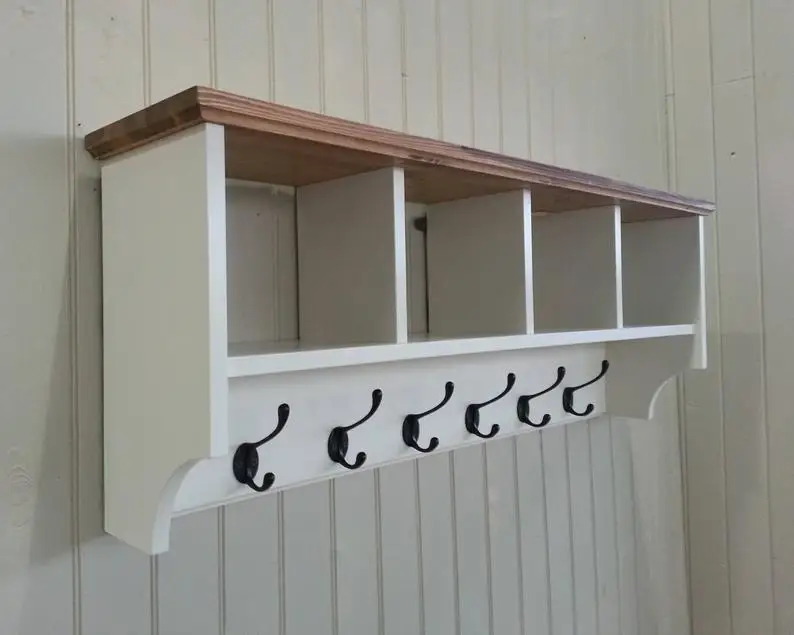 Wooden Wall-Mounted Coat and Hat Rack with Storage Baskets Decorative Display Shelves Including Cubby Holes