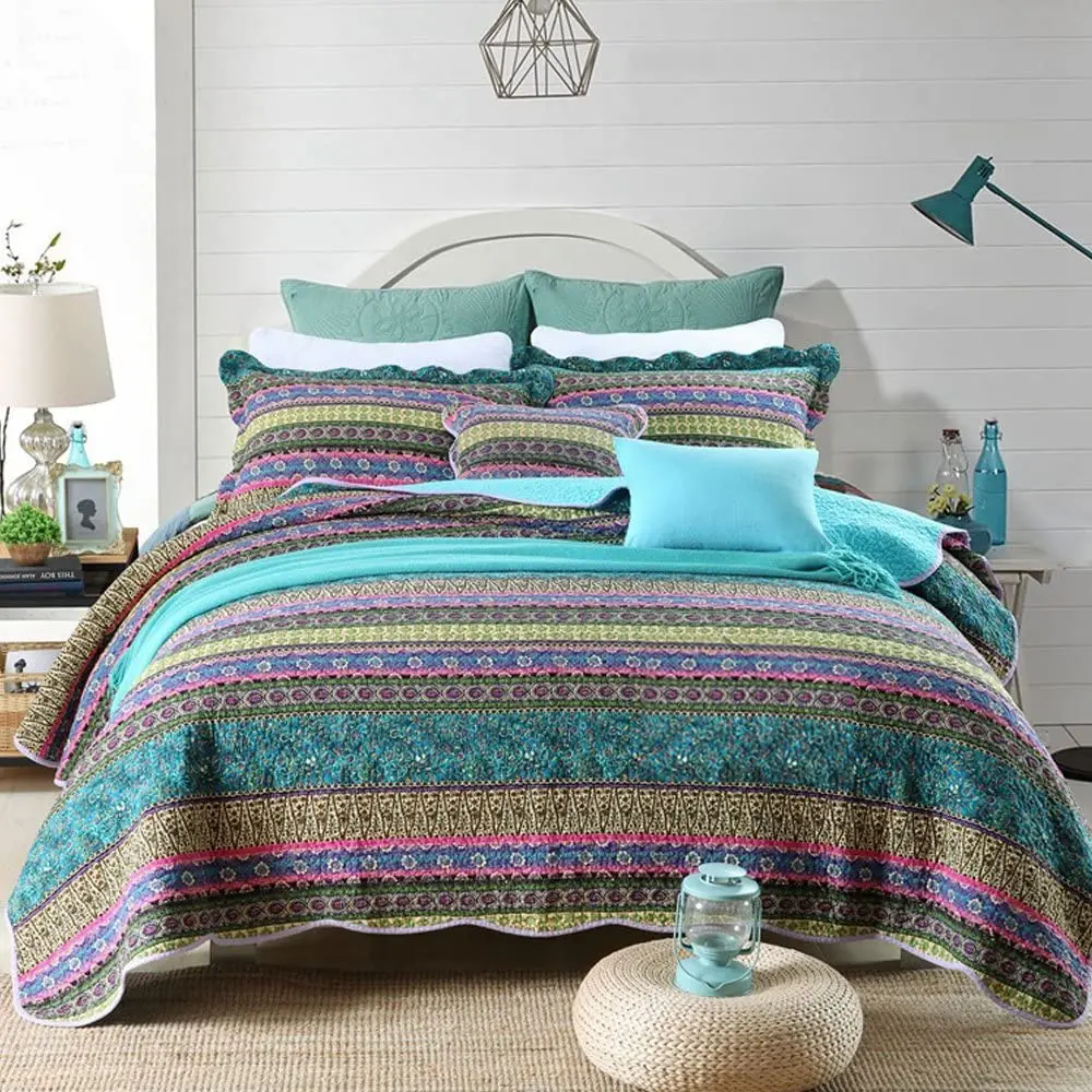 Striped Classical Cotton Patchwork Bedding Blue Stitched Coverlet King Size Bedspreads Set Quilting Microfiber With 3 Pieces