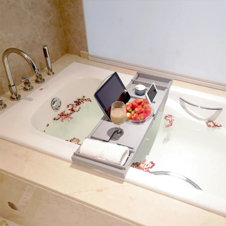 Оптовая продажа, японская пластиковая серая Выдвижная бамбуковая Ванна caddy и поднос