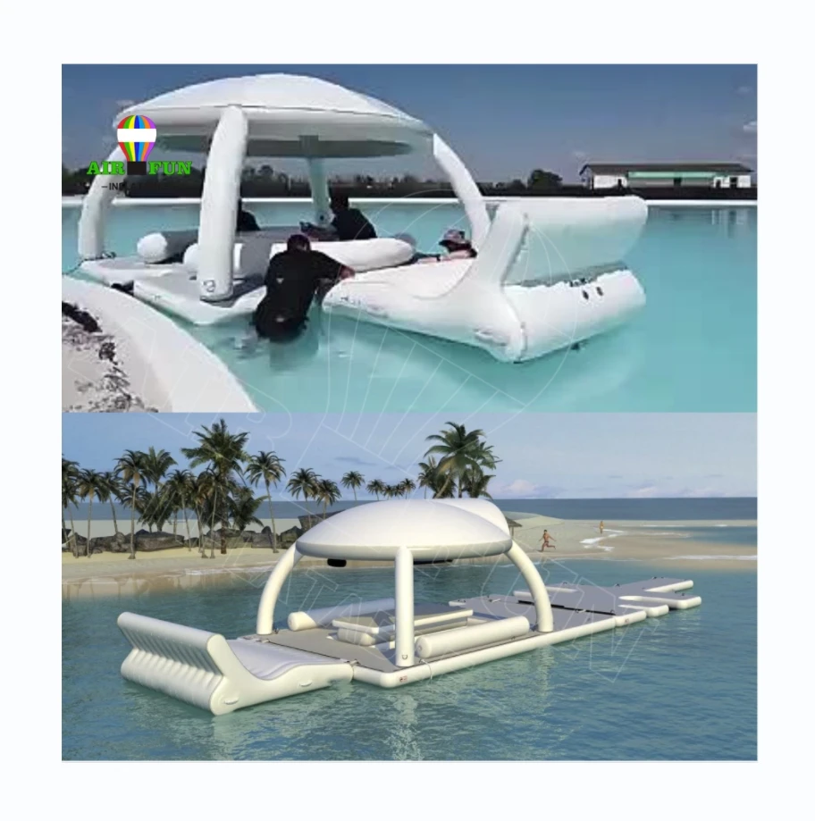 Airfun Inflatable Floating Sun Deck Floating Island Lounge Party Leisure Platform Inflatable Floating Party Dock With Tents
