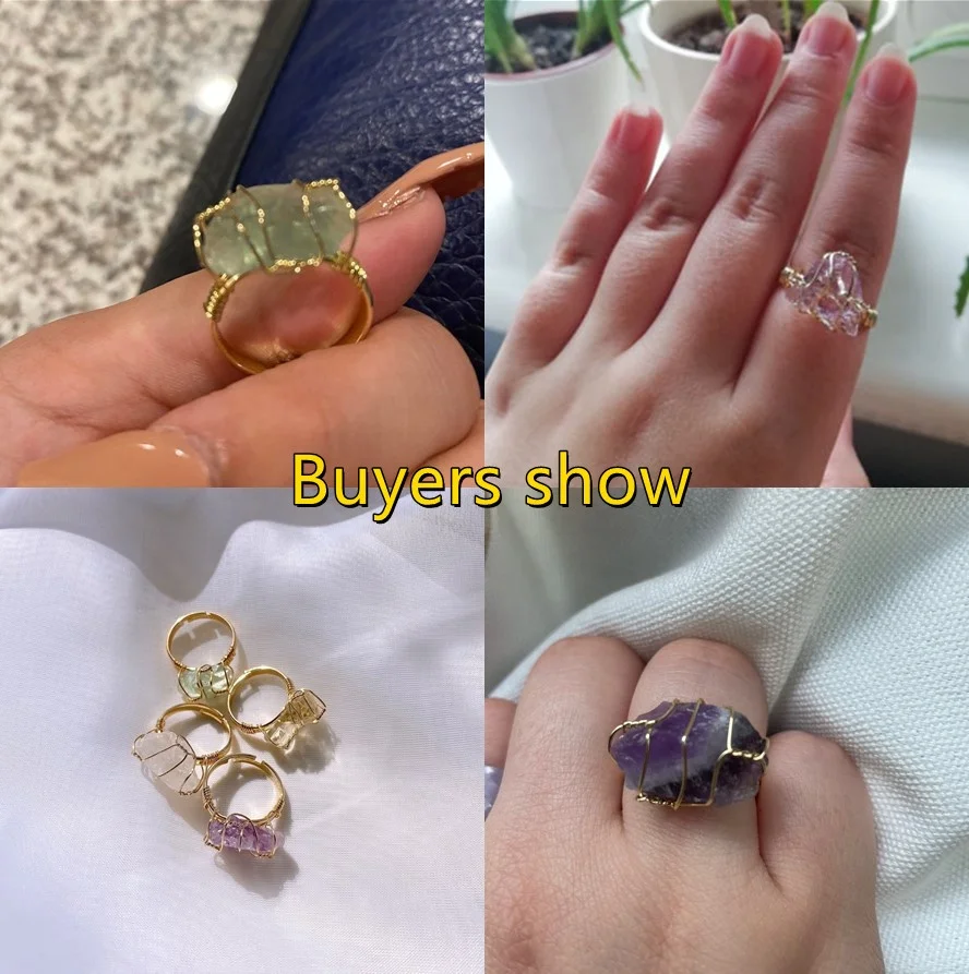 Fashion Wire Wrap Natural Rock Mineral Quartz Stone Women Rings Resizable Healing Amethysts Fluorite Purple Crystal Finger Ring
