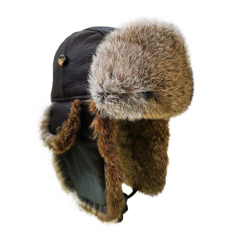 A232 FUR WINTER Vintage Bull Leather Rabbit Fur Aviator Bomber Trapper Trooper Ski Hat