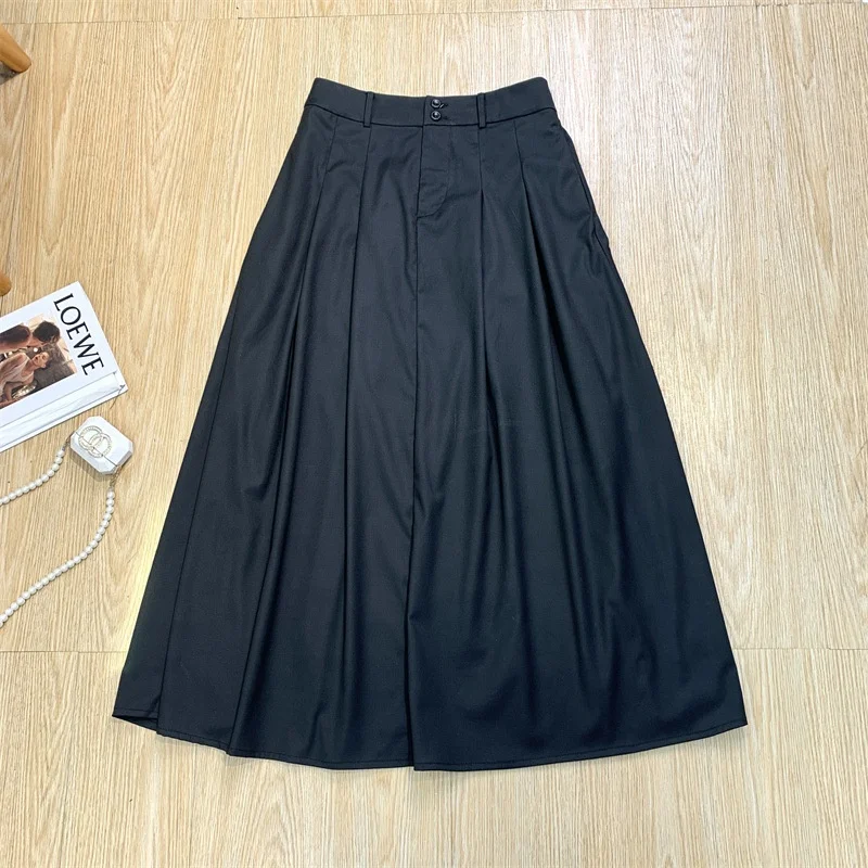 OUDINA 2022 New Stylish Summer Casual Low Waist Pleated Wide Skirt A-line Black Maxi Long Skirts