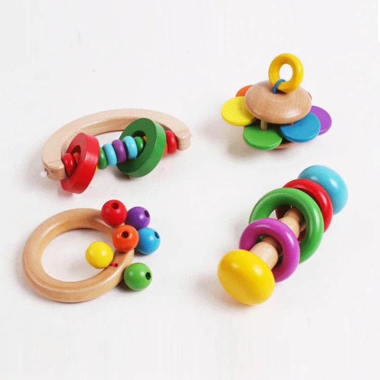 High Quality Wood Montessori Baby Bed Hand Bell Rattle Handbell Musical Educational Toddlers Rattles Toys For Kids Boys Girls