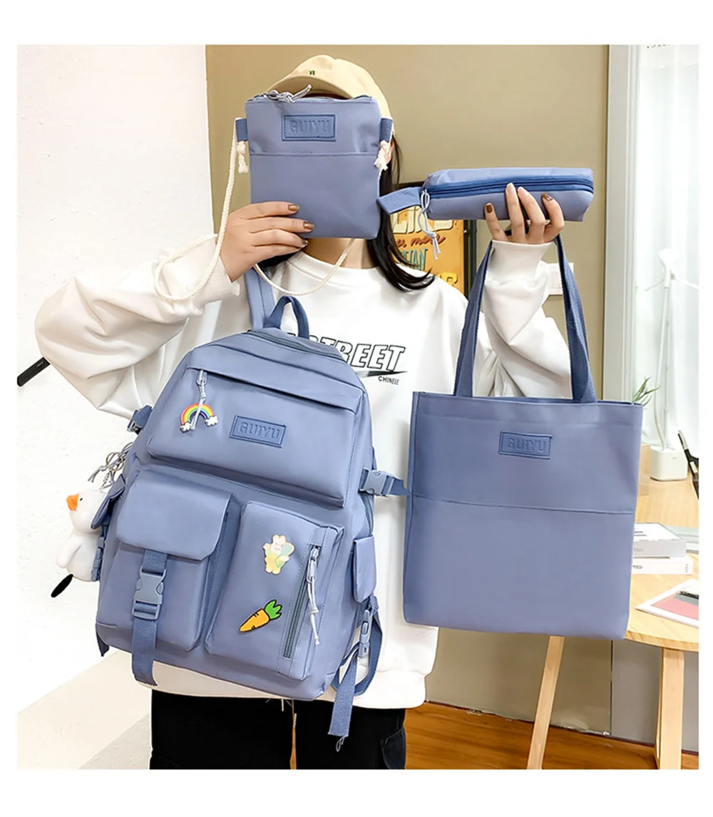Factory custom student Korean style student nylon schoolbag set four piece set beige pop girls school schoolbag backpack