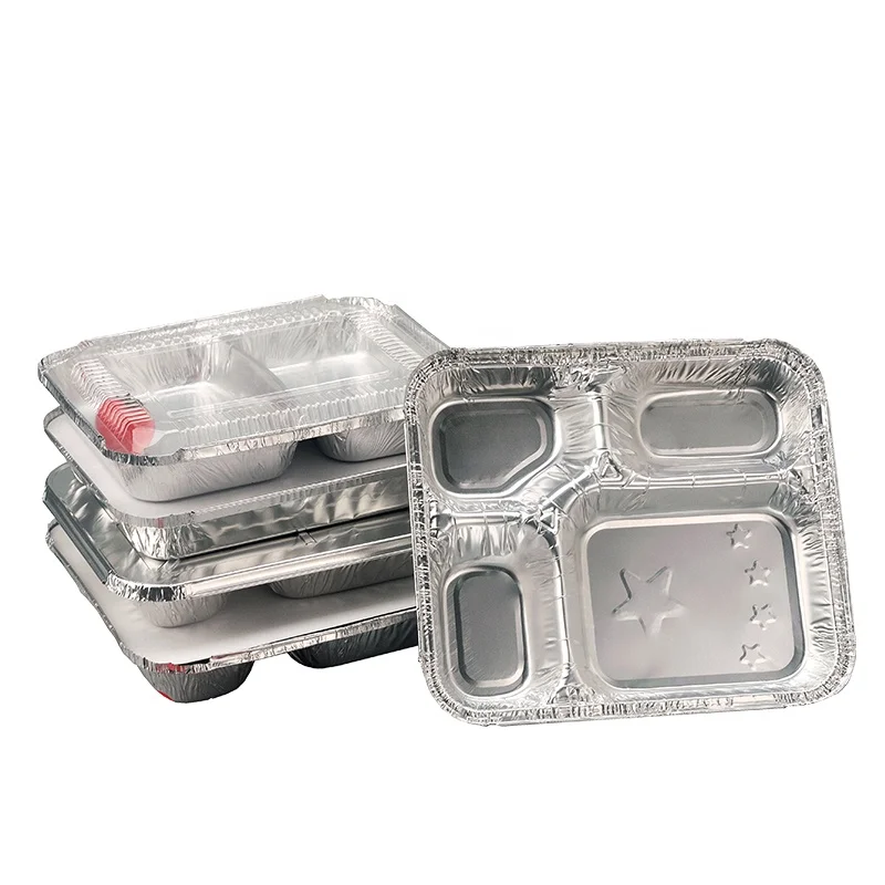 Takeaway 4 Compartment Divided Aluminum Foil Meal Box For Food Packaging Use In Restaurant