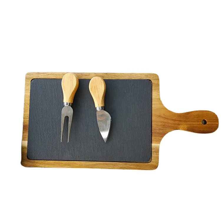 Natural Rectangle Slate Stone Cheese Steak Serving Board Acacia Wooden Home Dishes Cutting Board with Handle