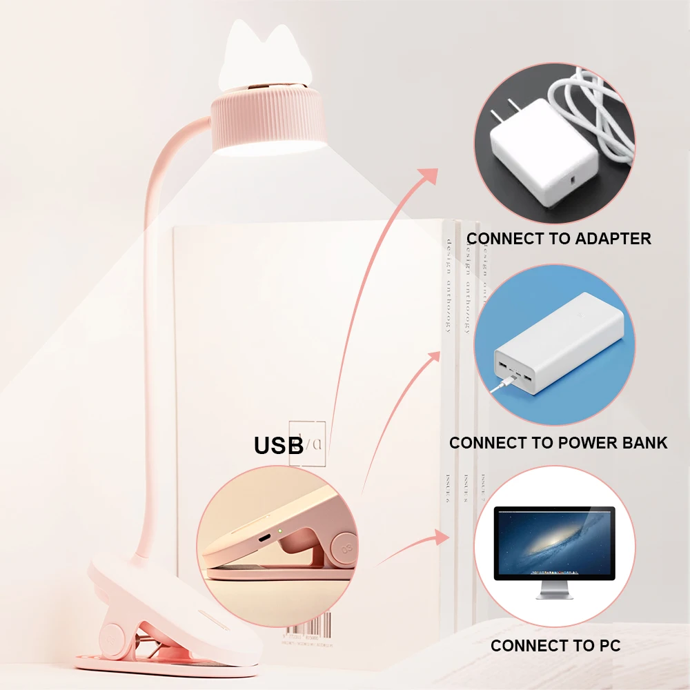 Cute Kids Book Light for Reading in Bed Clamp Light Lamp USB Rechargeable Night Light  for Reading in Bed at Night