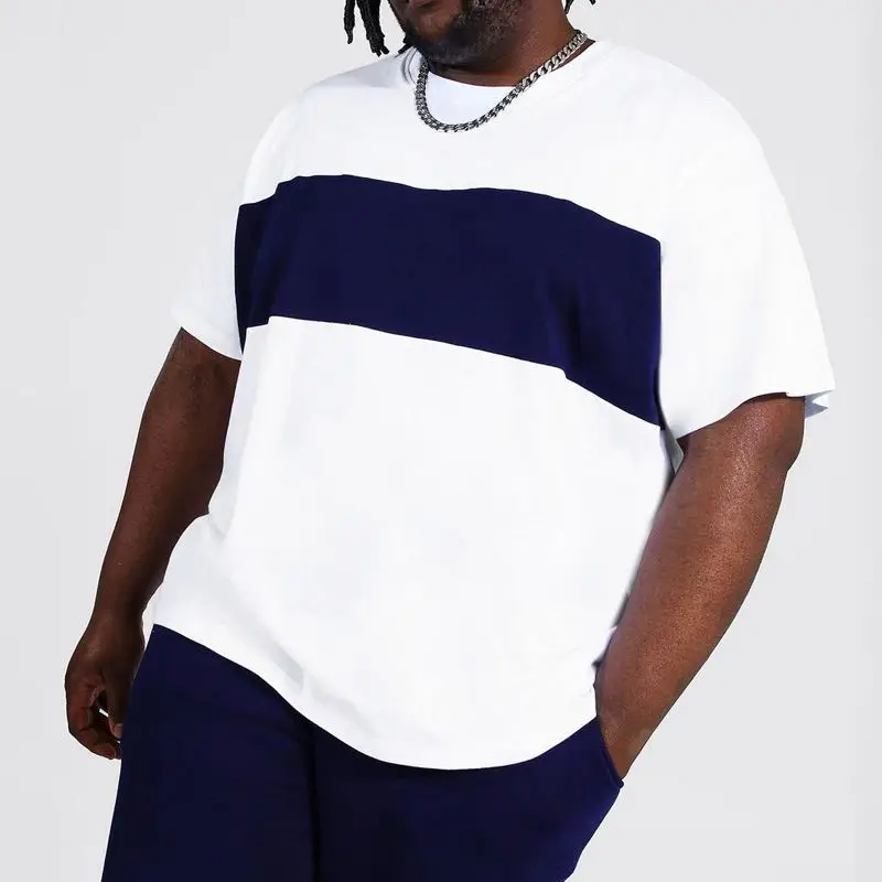 Summer New Large Size Loose White Color Block Plus Size Mens Big And Tall Clothing Two Piece Set