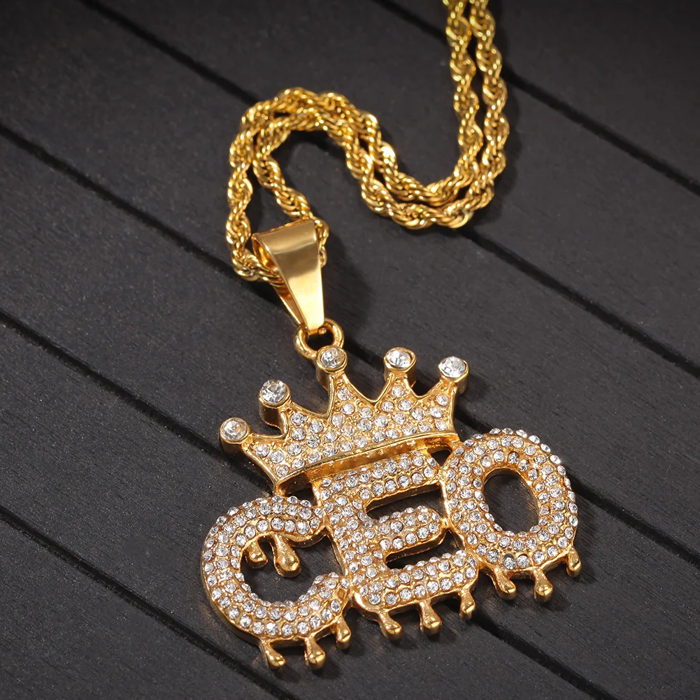 Wholesale Jewelry Making Supplies Stainless Steal Diamond Crystal Golden Crown Letter CEO Drip Charms Pendant Letter Necklace