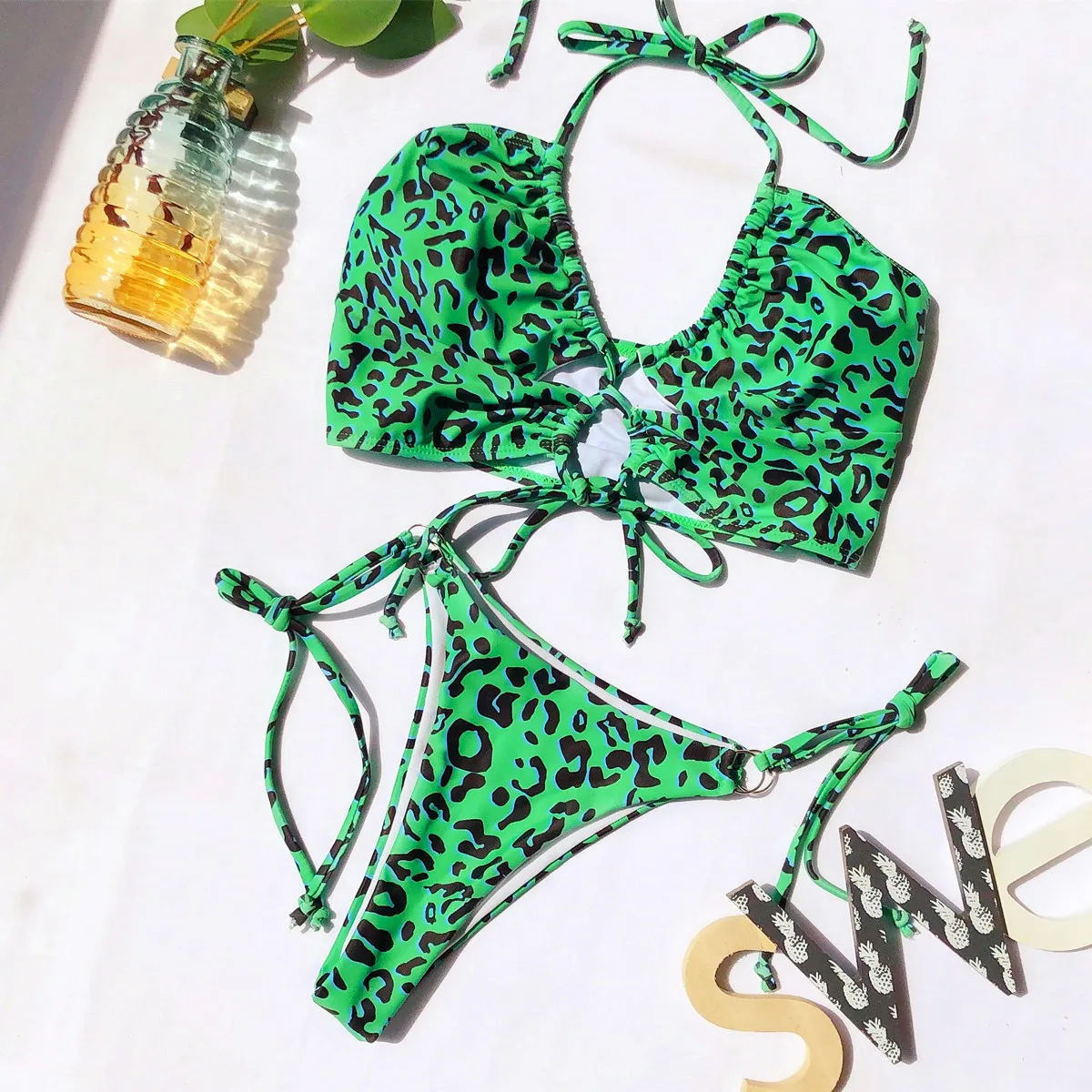 
Green Leopard Tie Side Bikinis Sexy Woman Swimwear Micro Thong Bikini 