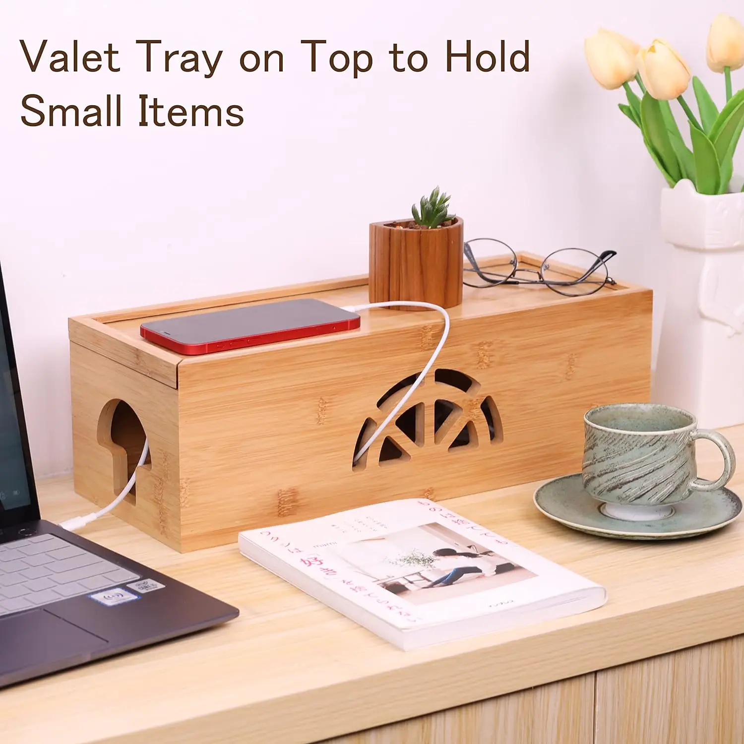 Extra Large Cable Management Box with Lid, Bamboo Cable Box for Cords, Power Strips or Surge Protectors