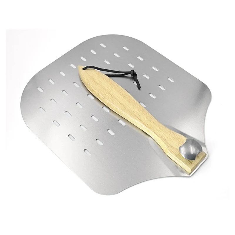 Professional 12 x 14' Aluminum Metal perforated pizza turning Spatula paddle peel with wood foldable handle for Homemade Baking