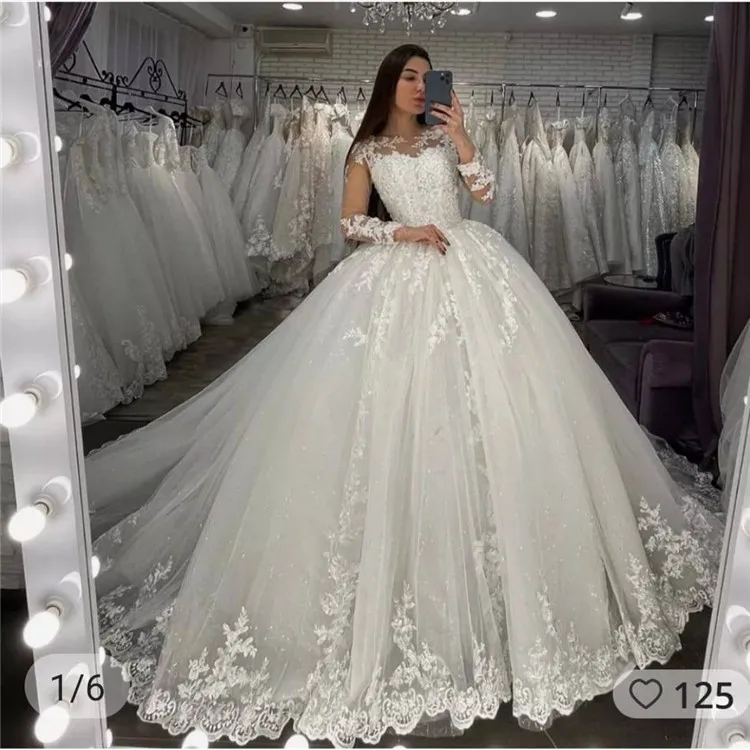 Wholesale long-sleeved tail length round neck bridal dress customize size wedding gowns