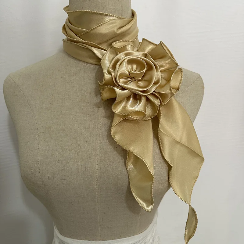 HZM-60926 Big Rose Long Neckerchief  for Women Girls Y2K Satin Floral Scarf Necktie for Costume Party Wedding Cosplay Accessory