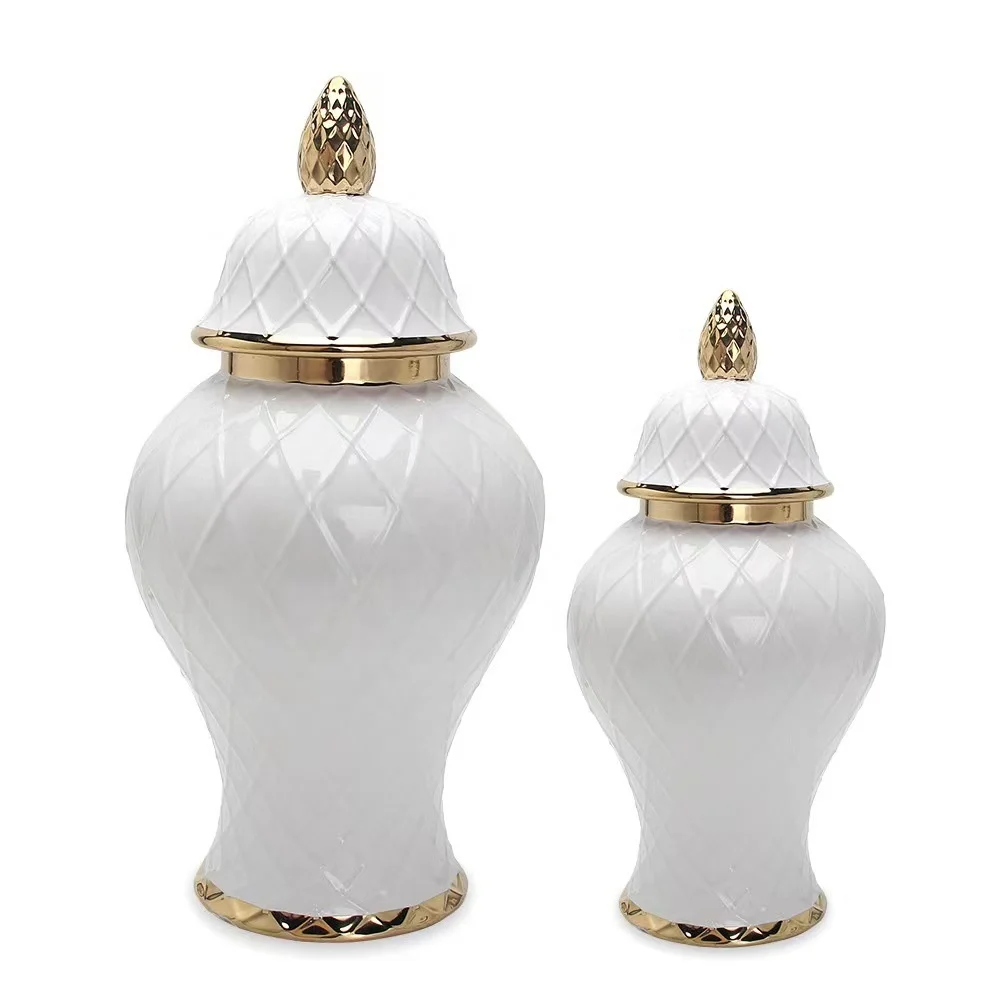 Hotel Home Decor Golden Silver Electroplated Large White Luxury Ceramic Flower Vases Ginger Jars