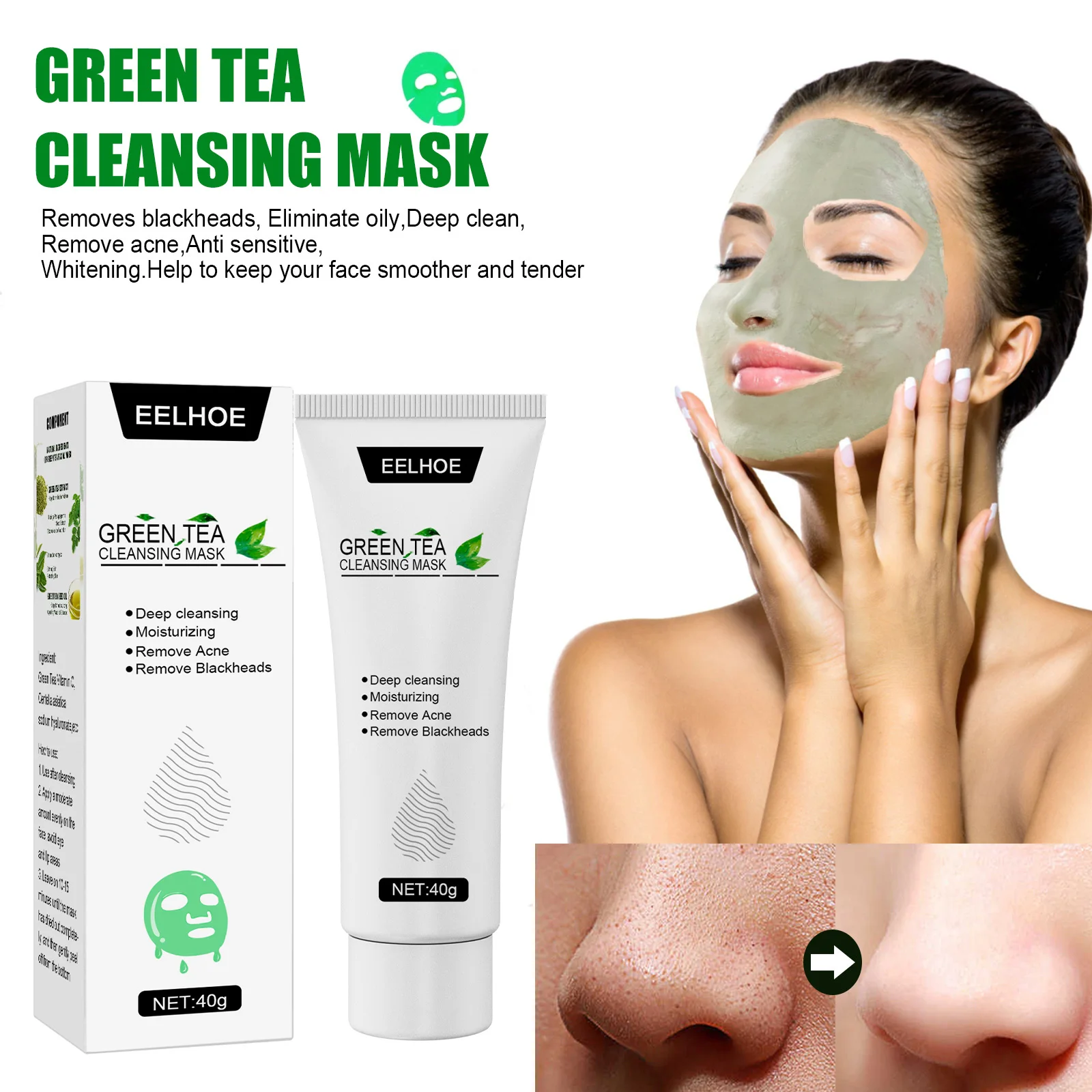 Private Label Green Tea Cleansing Mask Shrink Pores Exfoliator Whitening Acne Blackhead Remover Tearing Facial Peel off Mask OEM