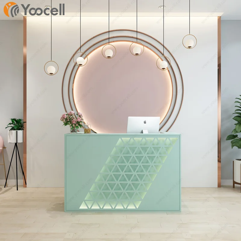 Yoocell custom hotel high quality aqua wood material small front desk salon reception desk with light Checkout Counter