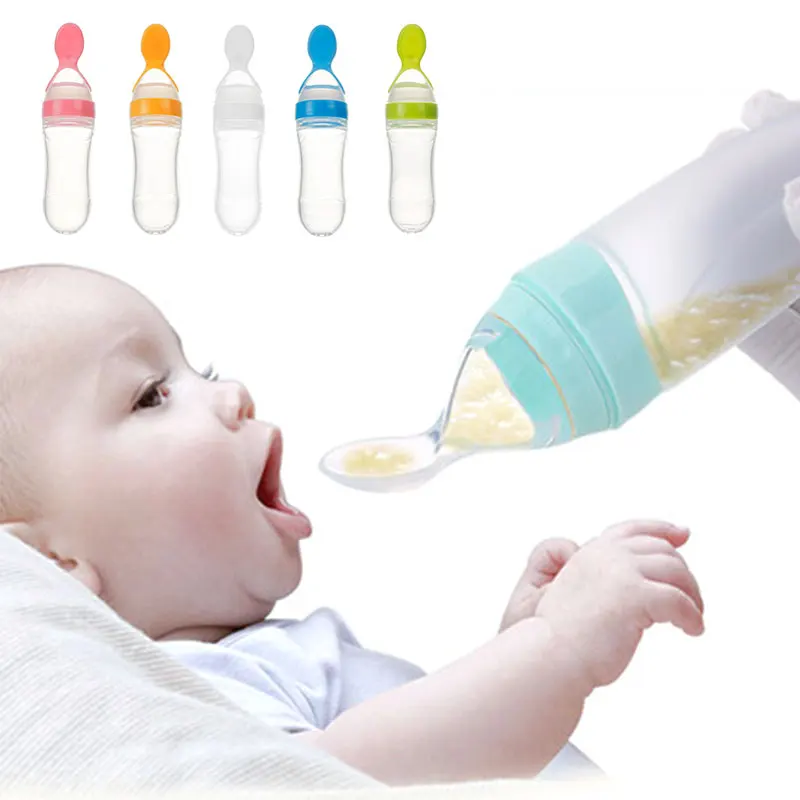 90ml Children Food Rice Paste Spoon Silicone Baby Toddler Feeding Bottle With Spoon Fresh Food Cereal Squeeze Feeder